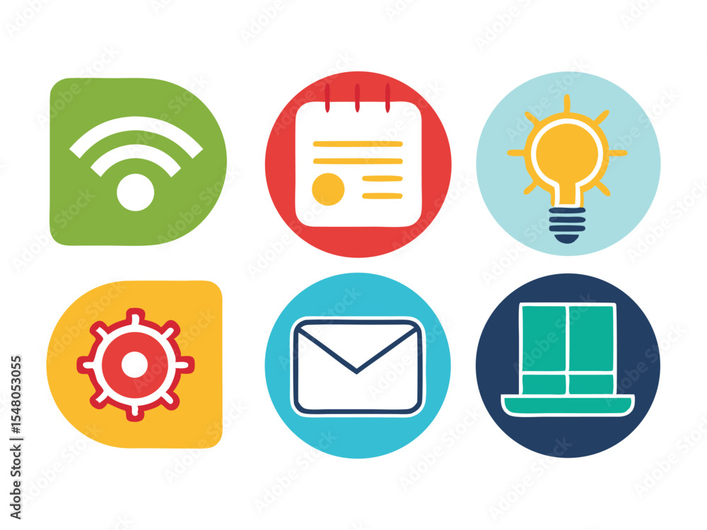Poster six colorful circular icons representing wifi signal document idea settings email and window isolate