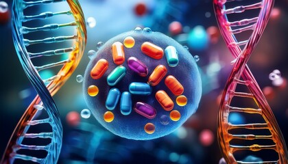 visualization of a cell containing dna strands surrounded by colorful capsules