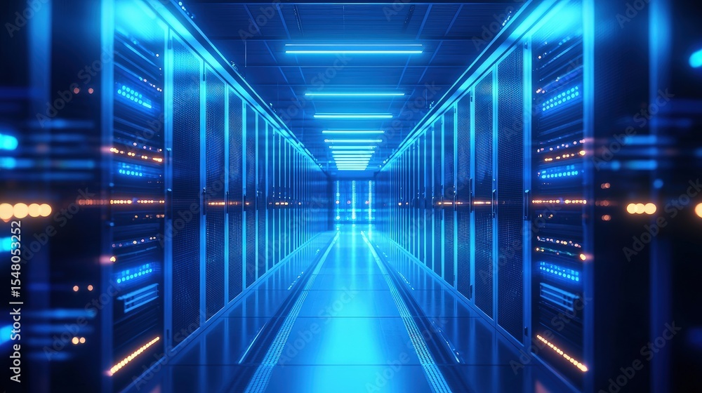 Poster futuristic server room interior with vibrant blue led lighting and glowing racks on both sides of a 