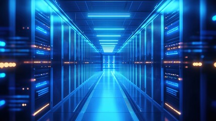 Fototapeta premium Futuristic server room interior with vibrant blue LED lighting and glowing racks on both sides of a polished reflective corridor in a modern data center environment