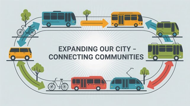 Infrastructure public transit expansion concept. City transport illustration showing various vehicles promoting community connections.