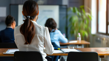 Rear view of a professional woman attending a seminar or workshop in a classroom setting, focused on learning and development.