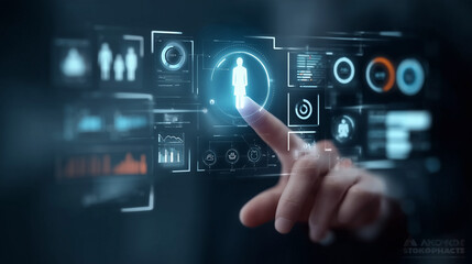 Obraz premium Futuristic Interface Showing Customer Data Analytics with Touchscreen Dashboard and AI Insights