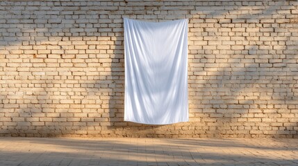 White fabric draped on textured brick wall, illuminated by soft natural light, creating a serene atmosphere, ideal for showcasing artwork or photography with ample copy space for design elements