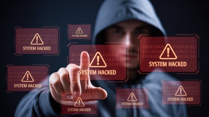 Hacking, system breach, data vulnerability, and technological risk. Hacker interacting with system hacked alerts in a cybersecurity threat scene.