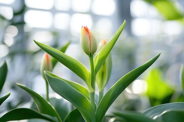 Close-up of tulip buds in green leaves, tulips with red tips growing inside a modern greenhouse