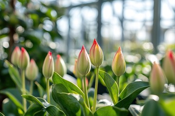Close-up of tulip buds in green leaves, tulips with red tips growing inside a modern greenhouse