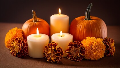 four candles marigold flowers and pumpkins arranged together creating a warm and festive autumn or celebration scene