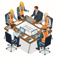 Architects and engineers collaborate on a construction project blueprint during a productive meeting using laptops and technical drawings