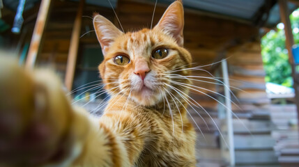 Funny orange cat taking a selfie with a curious expression, capturing a humorous and adorable moment.