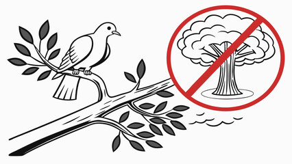 Bird sitting on a branch with anti-nuclear symbol illustration  