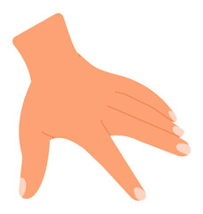 Open hand with spread fingers reaching down to pick up a small object, grabbing gesture, minimalist flat design illustration isolated on white background