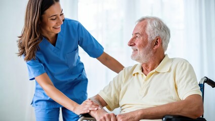 Obraz premium Compassionate nurse assisting elderly man in wheelchair with care and warmth.
