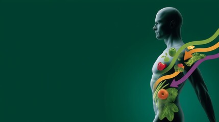 Fototapeta premium Human Silhouette with Colorful Vegetables Representing Health and Nutrition on Green Background
