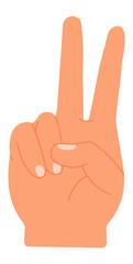 Cartoon hand displaying a victory or peace sign, with index and middle fingers raised, featuring an isolated vector illustration set against a clean white background