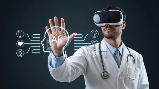 Doctor using virtual reality headset and holographic AI interface for advanced medical analysis.