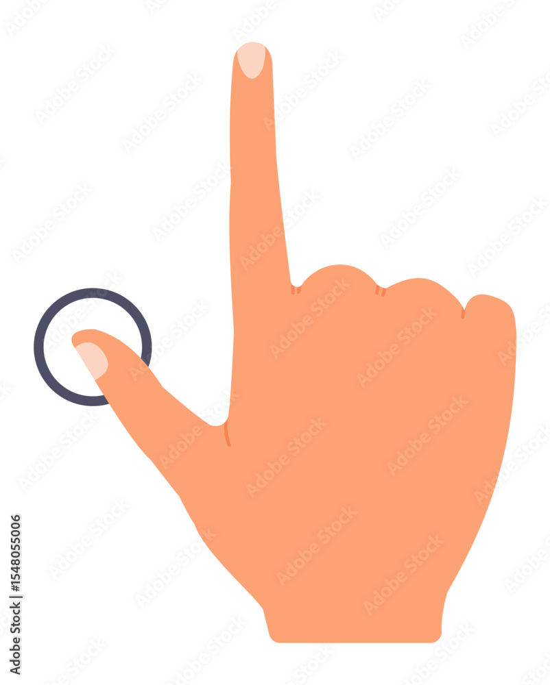 Poster cartoon hand pressing a button with the index finger and pointing up with the middle finger, isolate