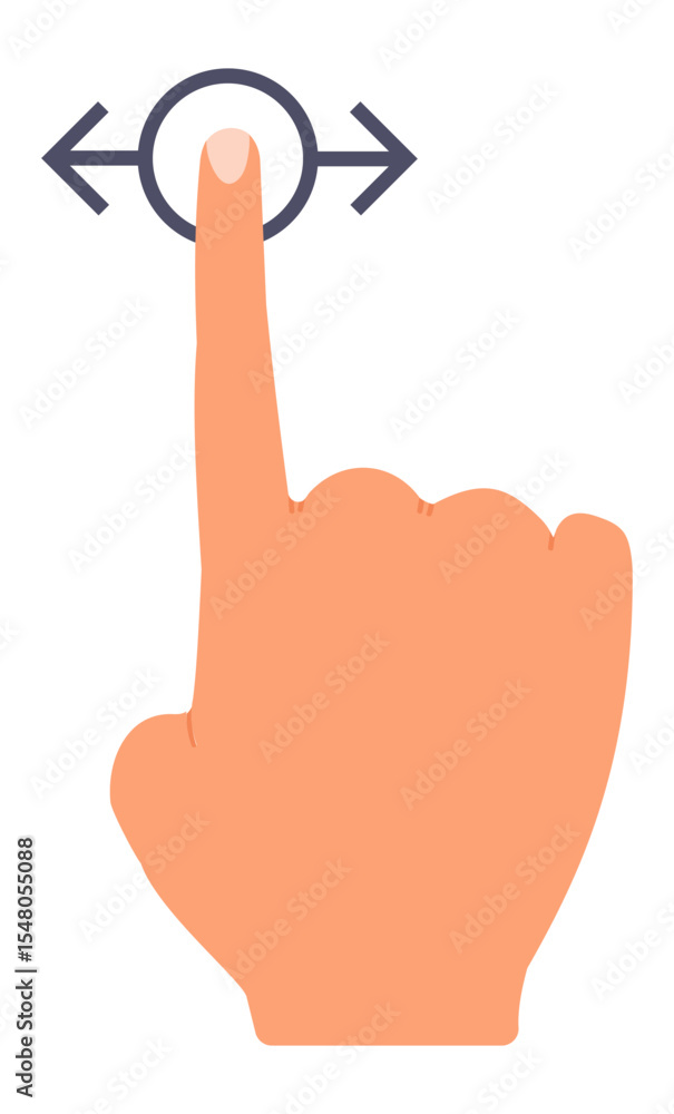 Poster cartoon hand with index finger touching and swiping a touchscreen, scrolling or browsing online cont