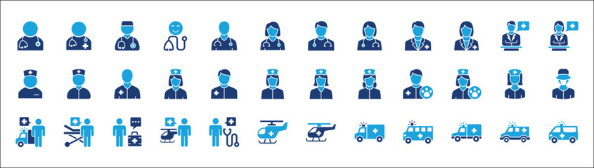 Doctor icon set. Healthcare icons. Digital doctor health consulting symbol. Icon symbol related to hospital, health, care, ambulance, helicopter, clinic, medic, medical, nurse. Vector illustration