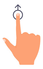 Obraz premium Hand with index finger extended touching a digital button with an upward arrow, symbolizing scrolling or selecting an option on a touch screen