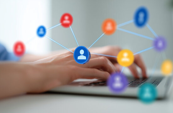 Hands typing on a laptop keyboard, with an overlay of interconnected colorful user icons, symbolizing global communication, social networking, and professional business connections in the digital age.
