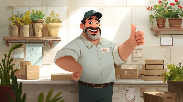 Friendly Male Employee in Garden Center with Plants and Boxes Giving Thumbs Up for Customers' Enjoyment