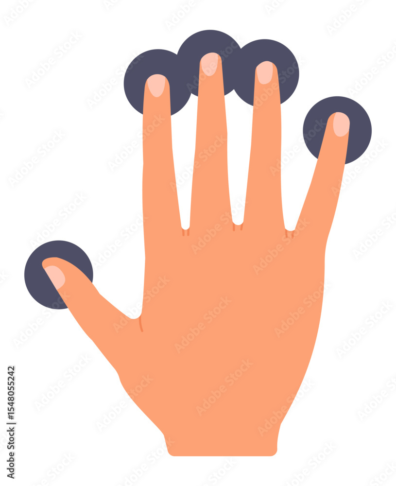 Poster open hand with fingers fully extended, pressing four virtual round buttons at once, illustrating int