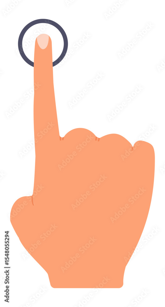Poster cartoon hand using index finger to touch a digital button, activating a virtual interface, symbolizi
