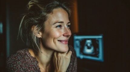 Pregnant woman smiling alone, tear in her eye, seeing ultrasound
