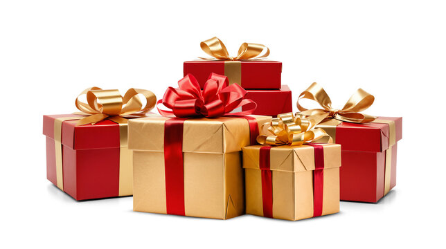 christmas presents as gift boxes in red and golden color, shiny glossy, isolated on white