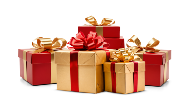 christmas presents as gift boxes in red and golden color, shiny glossy, isolated on white