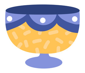 Contemporary and stylish, footed bowl design with a vibrant yellow body adorned with an abstract pattern and accented by blue rim and base, creating a visually appealing piece of tableware