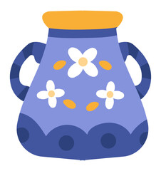 Decorative blue ceramic vase with white flowers and orange details and two handles on each side is standing on white background, simple cartoon vector illustration
