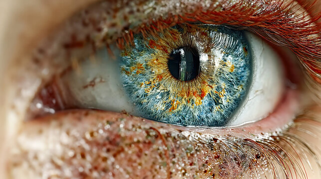 Hyper-detailed close-up of a human eye featuring a vivid, multicolored iris with shimmering textures - Powered by Adobe