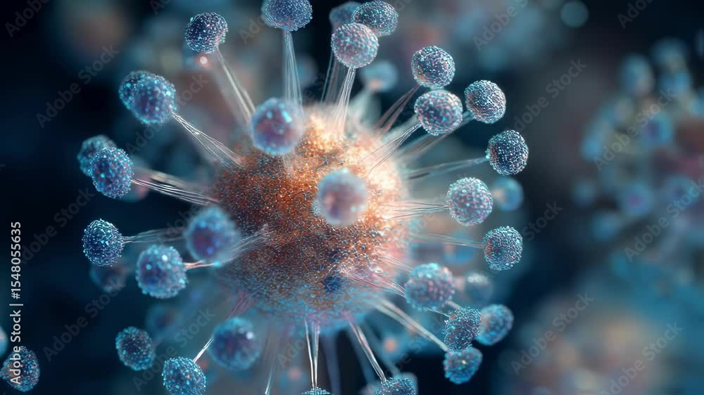 Poster microscopic rotating view revealing intricate viral structure, highlighting cellular complexity and 