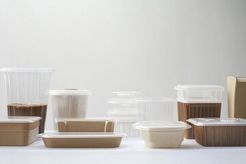 Close-up of various cardboard and plastic food containers, including to-go boxes and boxes with clear lids