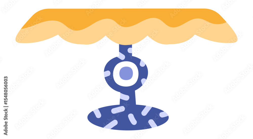 Poster modern table with an organic shape and orange top is standing on a blue base with a circular pattern