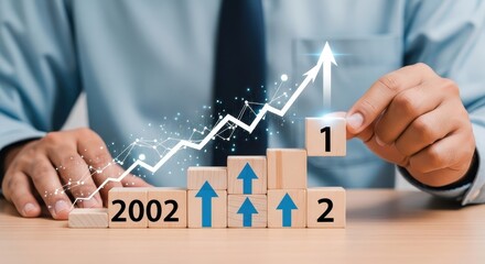 Business Growth Strategy: Upward Trend, Success, and Progress -  Wooden Blocks,  Growth Chart, and Year 2002