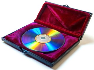 Fototapeta premium Shiny rainbow DVD in a crimson velvet-lined case, isolated