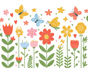 Springtime cute seamless pattern with hand drawn beautiful flowers, wildflower, strawberry, butterfly, leaves and herb. Floral summer background. Vintage romantic print.abstract, art, illustration, 