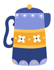 Blue and orange ceramic teapot with a floral pattern and decorative elements is standing on a white background, showcasing its unique design and craftsmanship