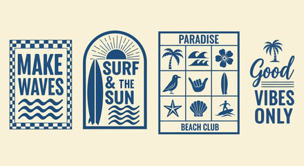 Surf and Sun Summer Vibes Beach Club Retro Graphic Design Set