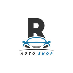 letter R logo auto mechanic with car design. Alphabet R automotive car style icon