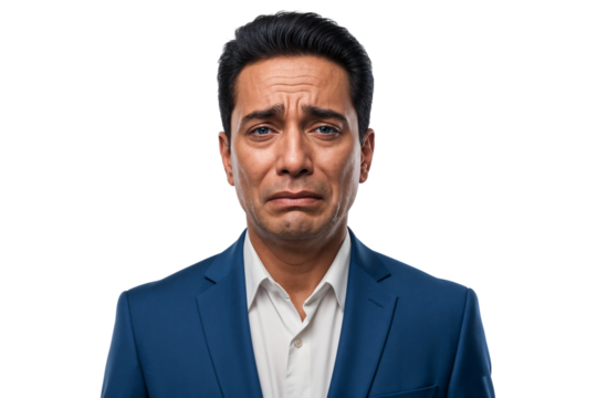 Sad executive manager in formal suit crying with visible tears, expressing loss, bankruptcy, or business failure. Isolated on transparent background with emotional facial expression