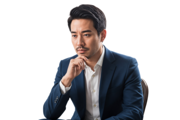 Thoughtful Asian businessman in a navy blue suit sitting and looking ahead with hand on chin, symbolizing contemplation, strategy, or decision-making. Isolated on transparent background