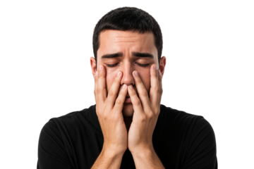 Frustrated young man covering face with hands, expressing intense stress and emotional exhaustion. Isolated on transparent background