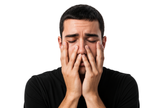 Frustrated young man covering face with hands, expressing intense stress and emotional exhaustion. Isolated on transparent background