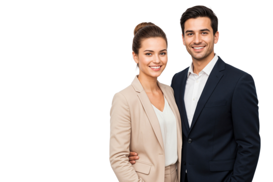 Smiling business couple in formal attire standing together with confidence, symbolizing teamwork, partnership, and corporate success, isolated on transparent background