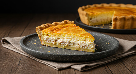 A slice of chicken and cream cheese pie (torta de frango com catupiry), featuring shredded chicken and creamy Catupiry cheese in a buttery golden crust. Displayed on a stone plate with a linen napkin