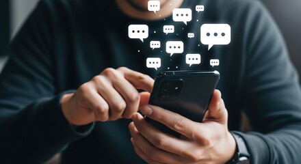 Man Using Smartphone, Social Media Communication, Chat Bubbles